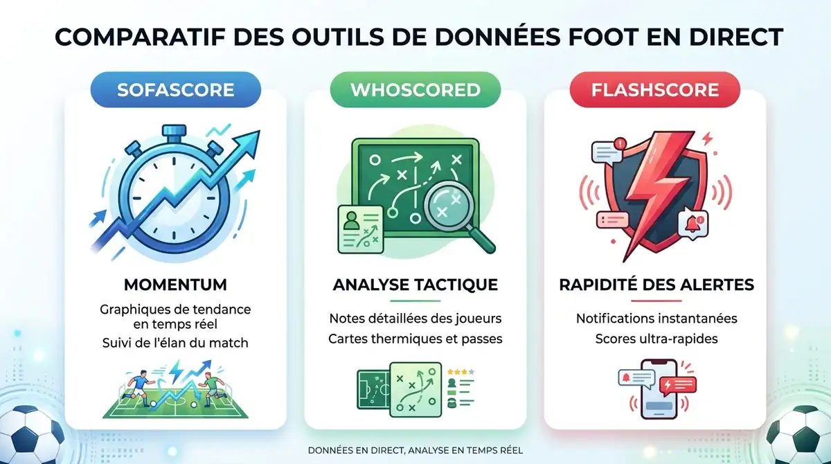 Infographie comparant Sofascore, WhoScored et Flashscore pour les données et statistiques de foot gratuites en 2026.