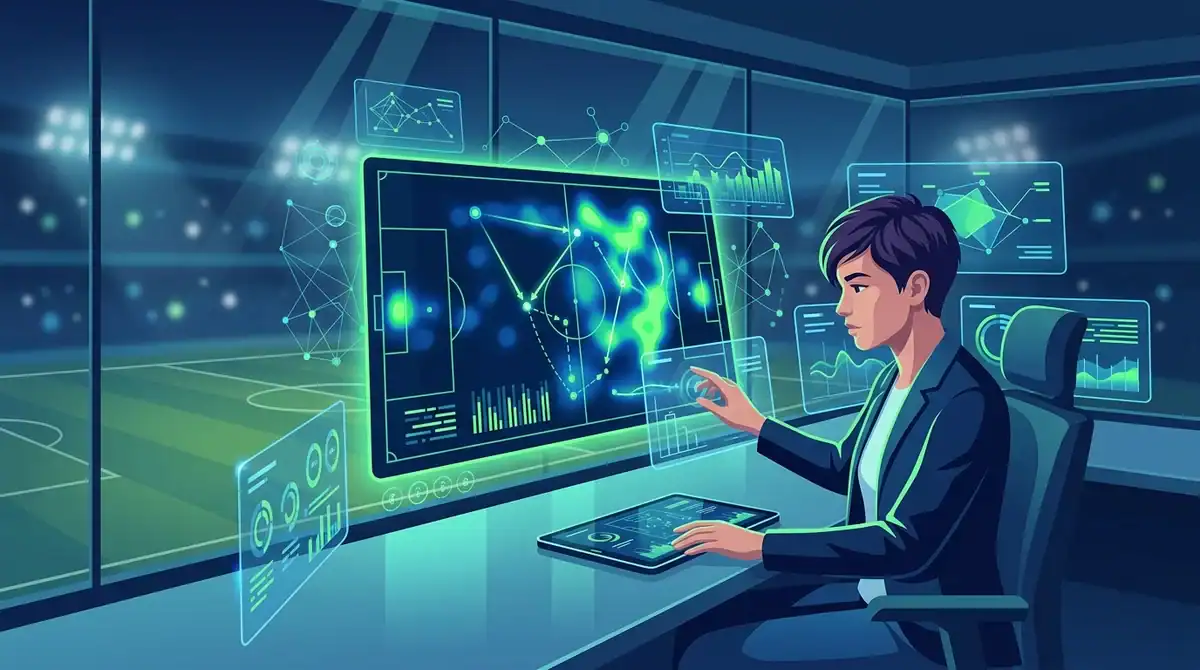 Illustration d'un data scout analysant des statistiques de football sur une interface holographique en 2026.