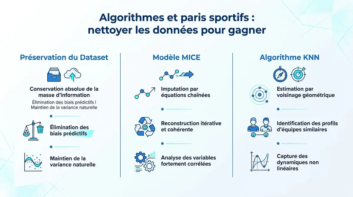 Infographie expliquant l'imputation de données avec les modèles MICE et KNN pour les paris sportifs.