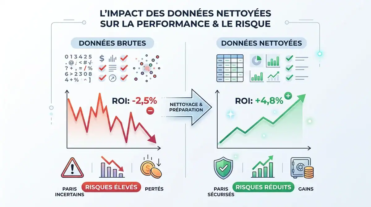 Infographie comparant données brutes et nettoyées : ROI passant de -2,5% à +4,8% pour les paris sportifs.