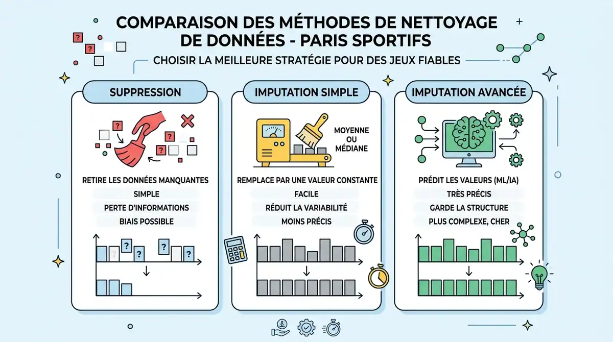 Infographie comparant suppression et imputation de données pour les algorithmes de paris sportifs.