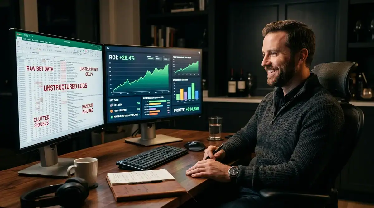 Parieur professionnel devant un dashboard de données nettoyées et graphiques ROI pour optimiser ses paris sportifs.