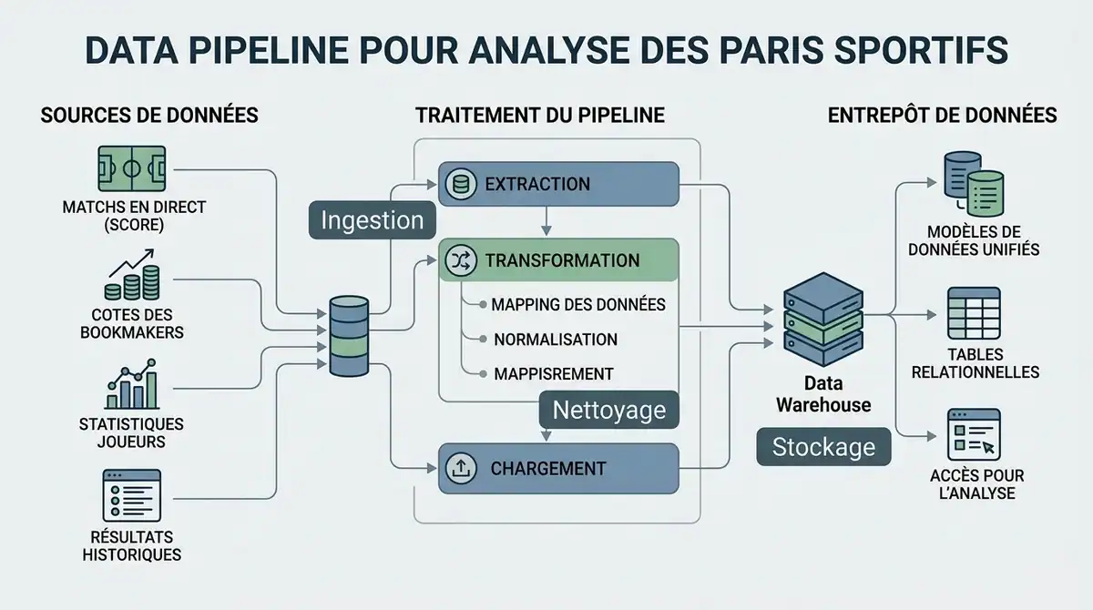 Infographie du pipeline de données pour le betting : ingestion, nettoyage et stockage des paris sportifs.