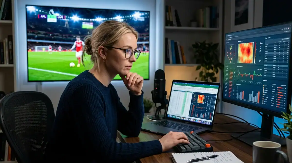 Femme analysant des statistiques et données de football gratuites sur écran pour les prédictions sportives 2026.