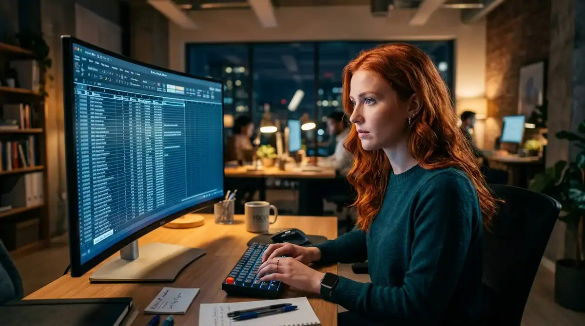 Femme rousse analysant la structure d'un fichier CSV sur un écran pour l'apprentissage automatique.