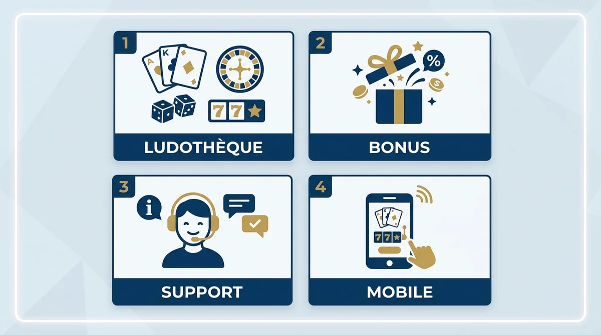 Infographie des 4 critères pour choisir le meilleur casino en ligne 2026 : ludothèque, bonus, support et mobile.