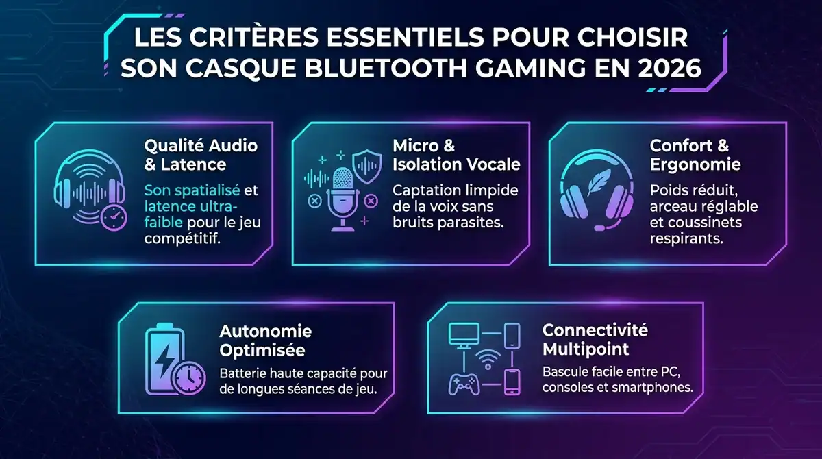 Infographie sur les criteres essentiels pour choisir un casque bluetooth gaming en 2026: audio, confort et autonomie.