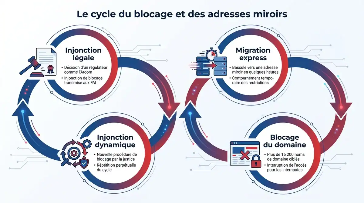 Infographie expliquant le cycle de blocage des sites de streaming et leur migration vers des adresses miroirs.