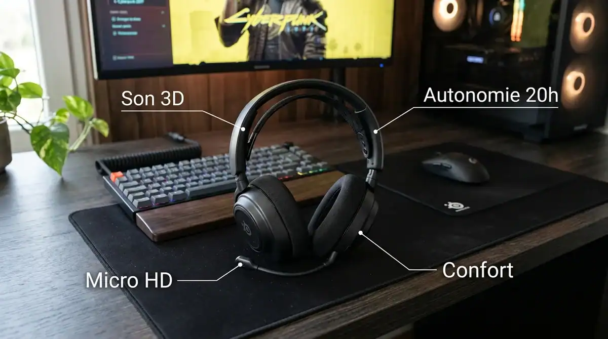Infographie d'un casque bluetooth gaming professionnel avec ses caractéristiques clés sur un bureau de joueur