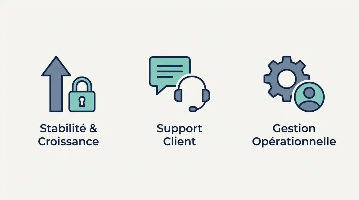 Infographie SaaS e-commerce 2026 : piliers de croissance, support client et gestion opérationnelle optimisée.