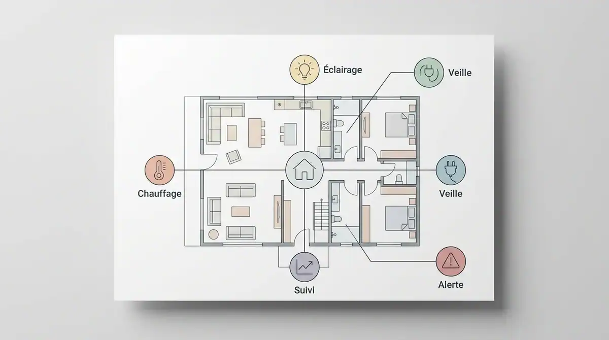 Infographie domotique : gestion intelligente de l'énergie, chauffage, éclairage, suivi et veille dans une maison.