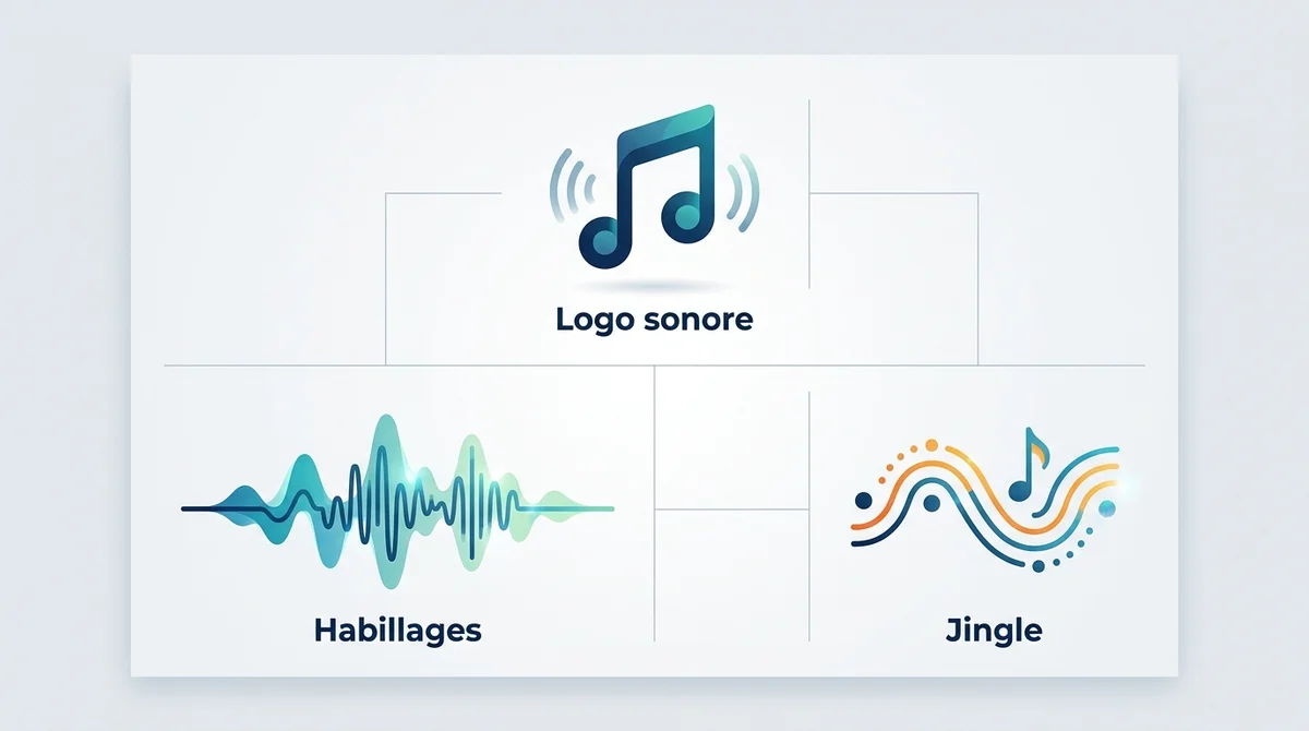 Infographie corporate sur l'identité sonore : logo sonore, habillages et jingle pour le branding des entreprises.