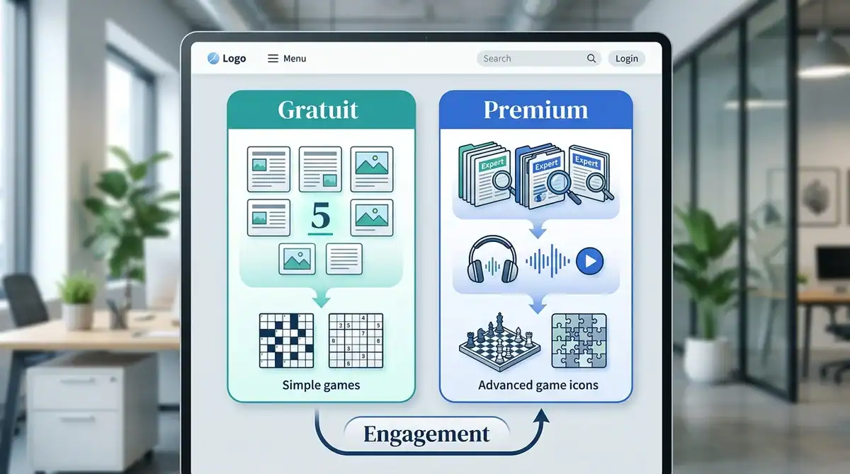 Infographie comparant le modèle freemium presse : accès gratuit limité versus offres premium et jeux avancés.