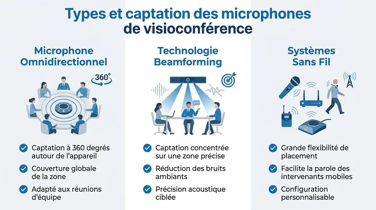 Infographie comparative des microphones de visioconférence omnidirectionnel beamforming et sans fil en entreprise.