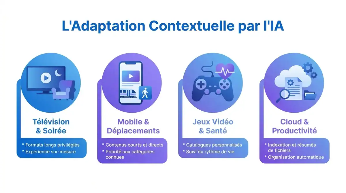 Infographie montrant comment l'intelligence artificielle adapte les recommandations selon l'appareil et le contexte.
