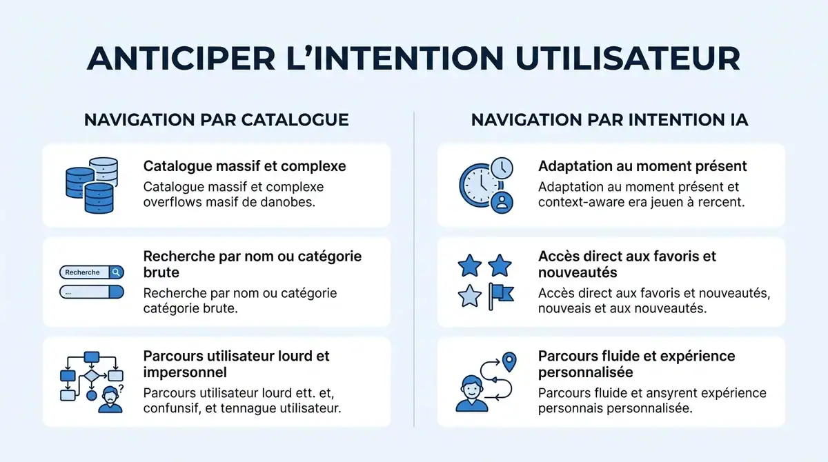 Infographie comparant la recherche par catalogue et la recommandation par intention utilisateur basée sur l'IA.