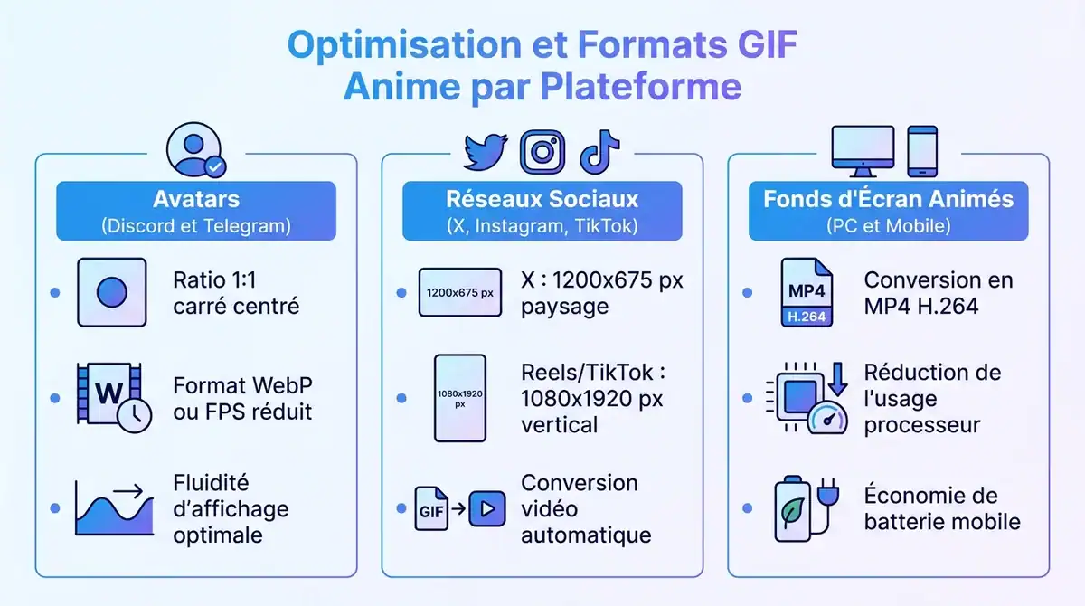Infographie résumant les contraintes techniques et formats pour optimiser un GIF anime sur chaque plateforme.