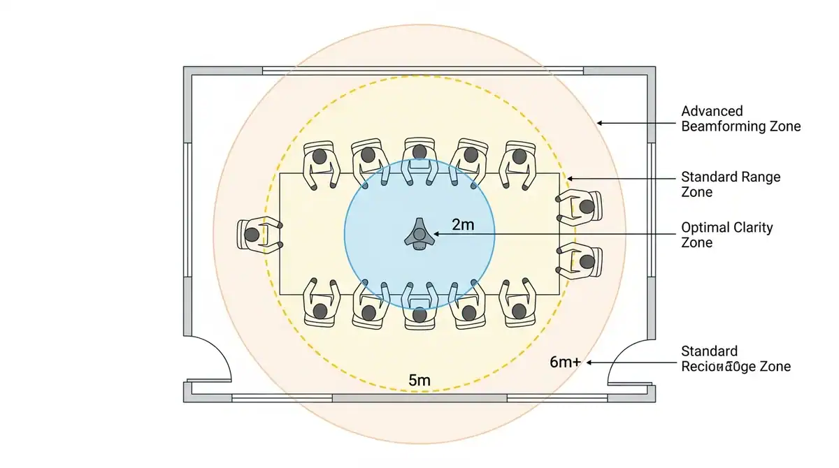 Infographie du rayon de captation sonore d'un microphone de visioconférence selon la distance dans une salle de réunion.