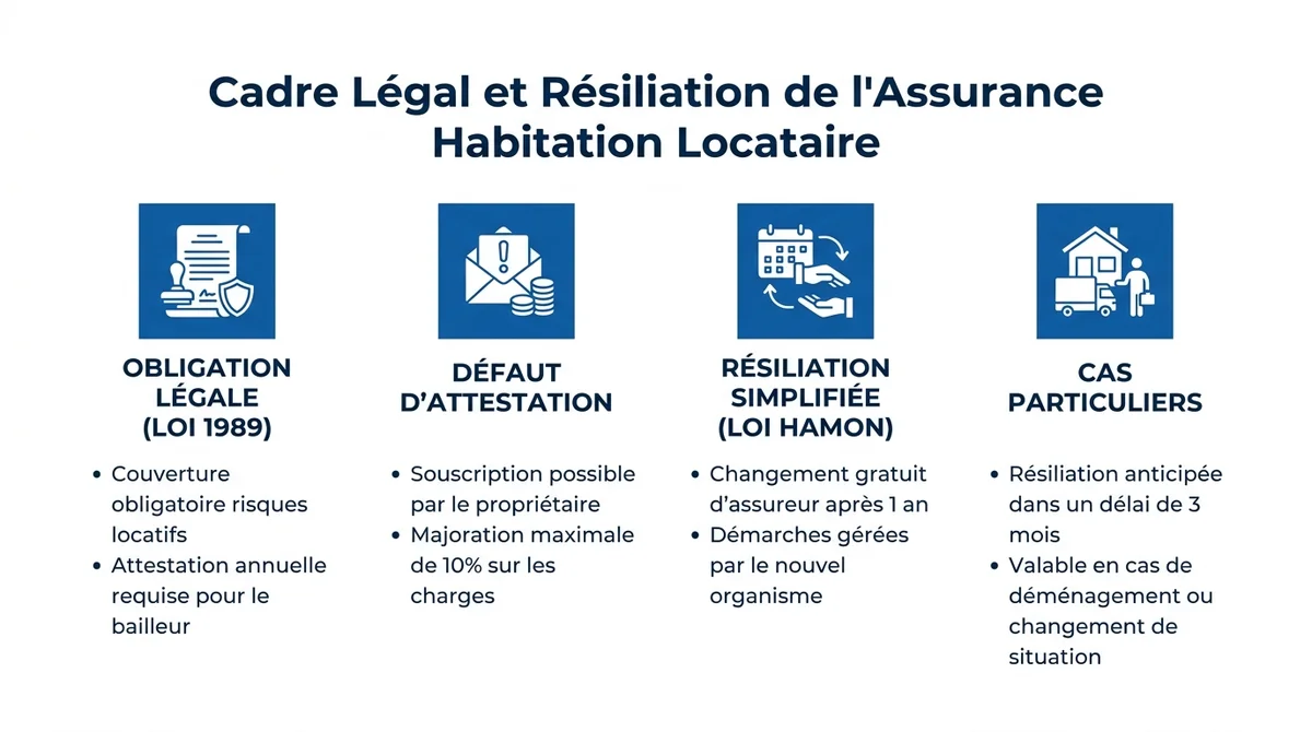 Infographie synthétisant les obligations légales et les règles de résiliation de l'assurance habitation locataire.
