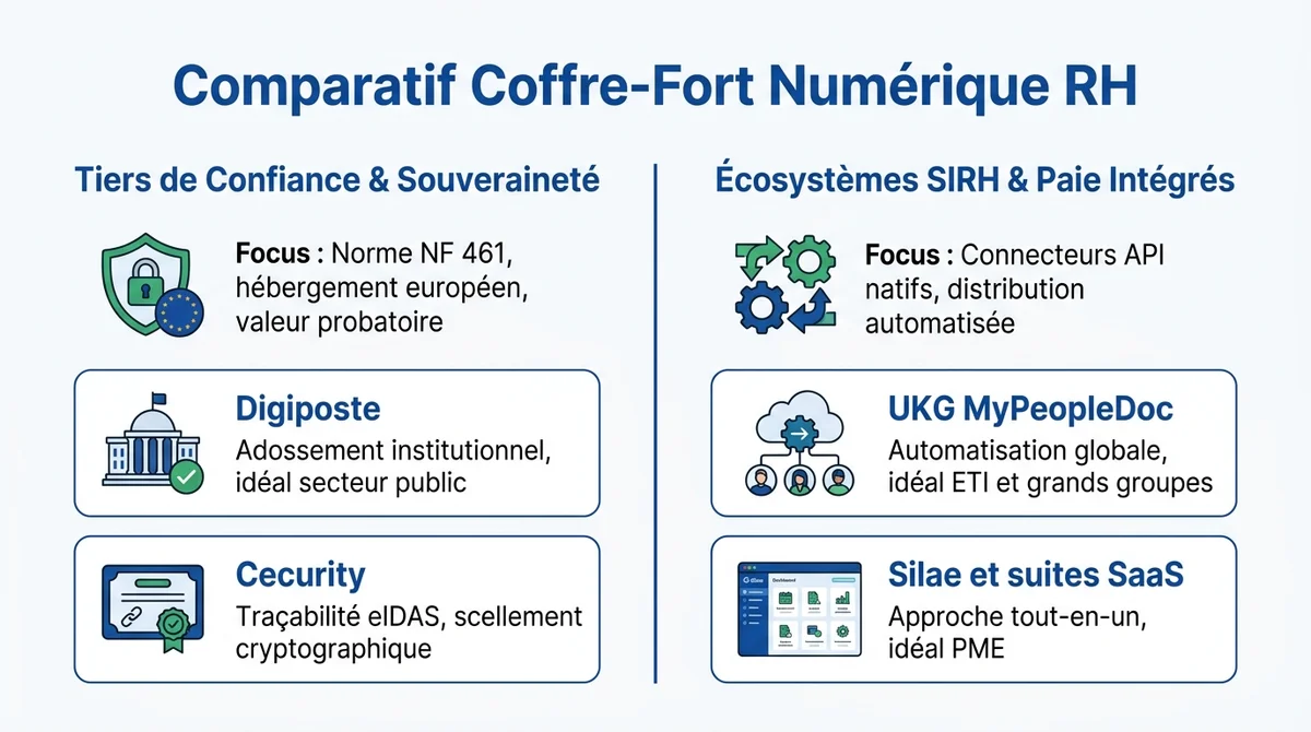 Infographie comparative des solutions de coffre-fort numérique RH entre tiers de confiance souverains et SIRH intégrés.