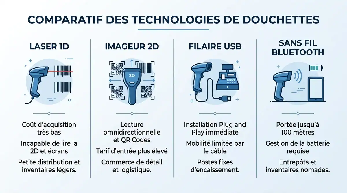 Infographie comparative des technologies de douchettes code-barres : laser, imageur 2D, filaire et sans fil.