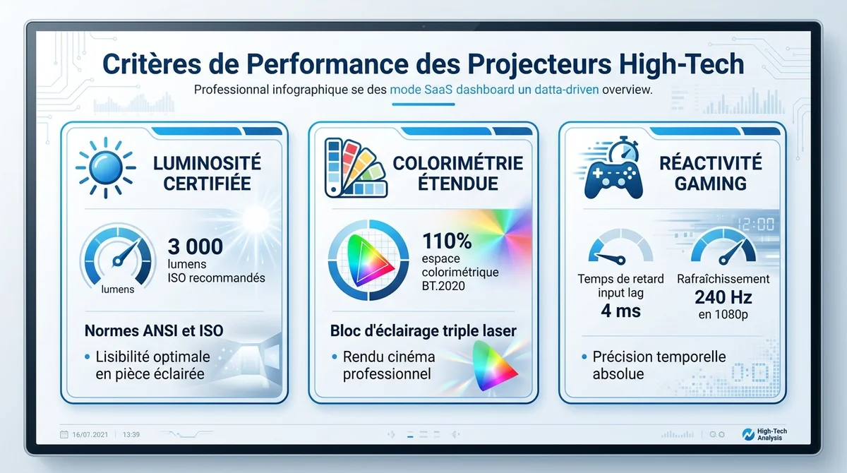 Infographie des critères techniques des projecteurs: luminosité 3000 ISO, 110% BT.2020 et gaming 240Hz 4ms.