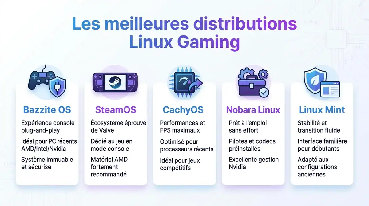 Infographie comparative des meilleures distributions Linux pour le jeu vidéo en 2026 selon votre profil et matériel
