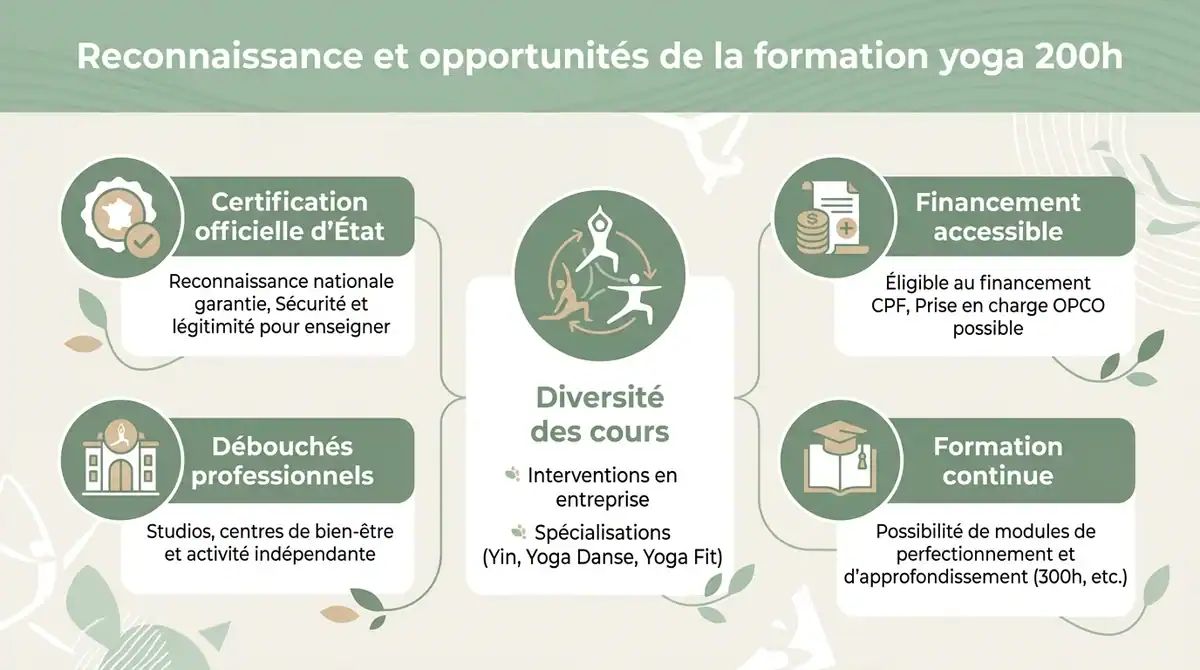 Infographie expliquant les avantages, débouchés et financements CPF de la formation yoga 200h certifiée.