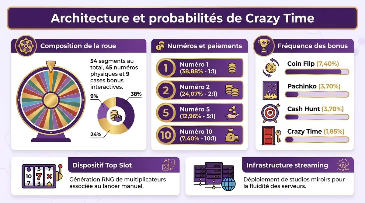 Infographie detaillant la repartition des 54 segments, les probabilites et les mecaniques de jeu de Crazy Time.