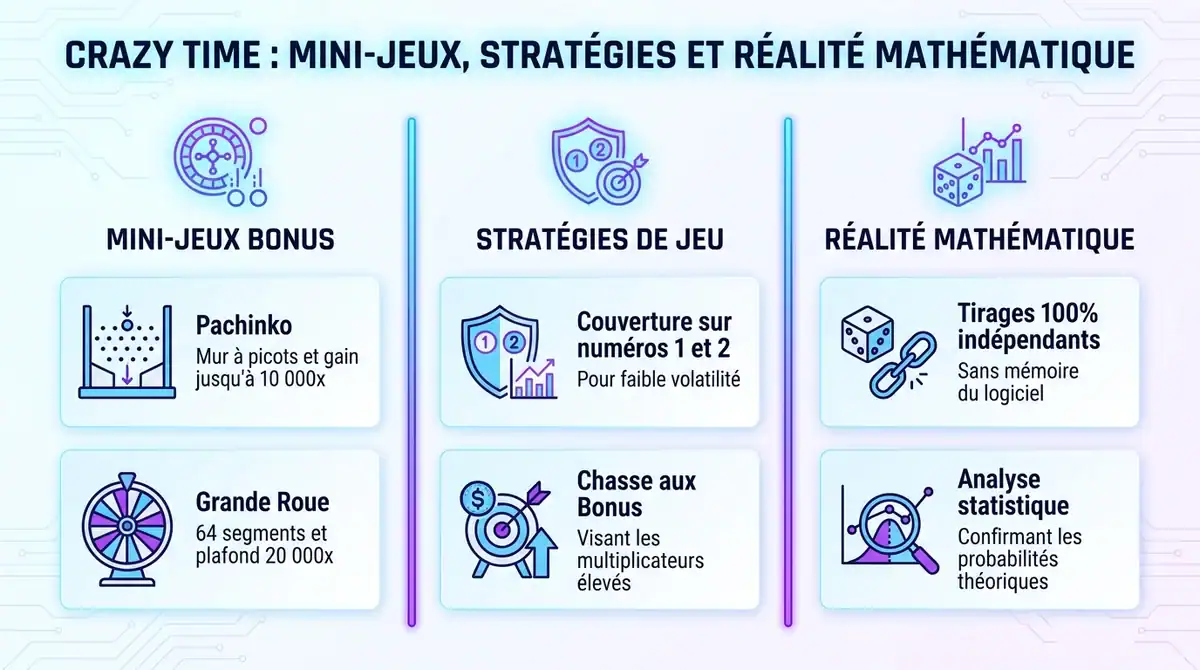 Infographie expliquant les mini-jeux, les stratégies de mise et la réalité mathématique des tirages de Crazy Time.