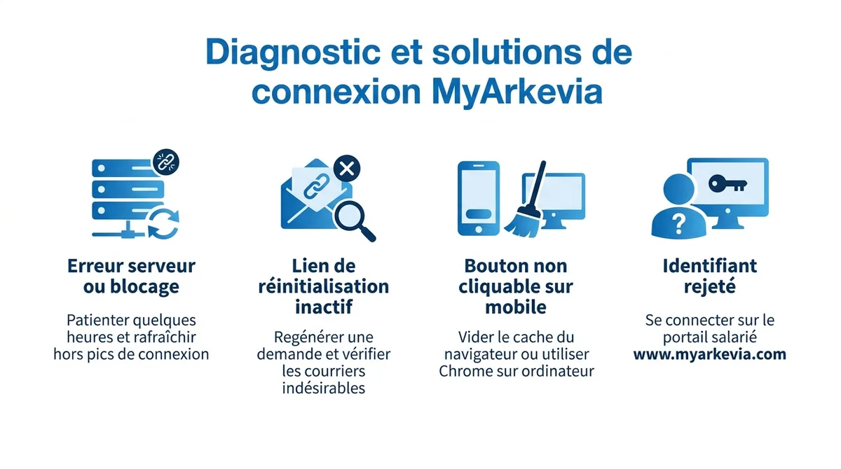 Infographie récapitulant les solutions aux erreurs de connexion sur l'espace salarié MyArkevia.
