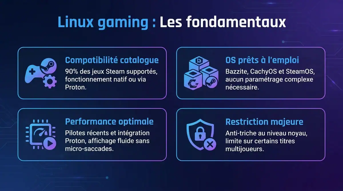 Infographie synthétisant les fondamentaux du jeu vidéo sur Linux : compatibilité Proton, performances et distributions.