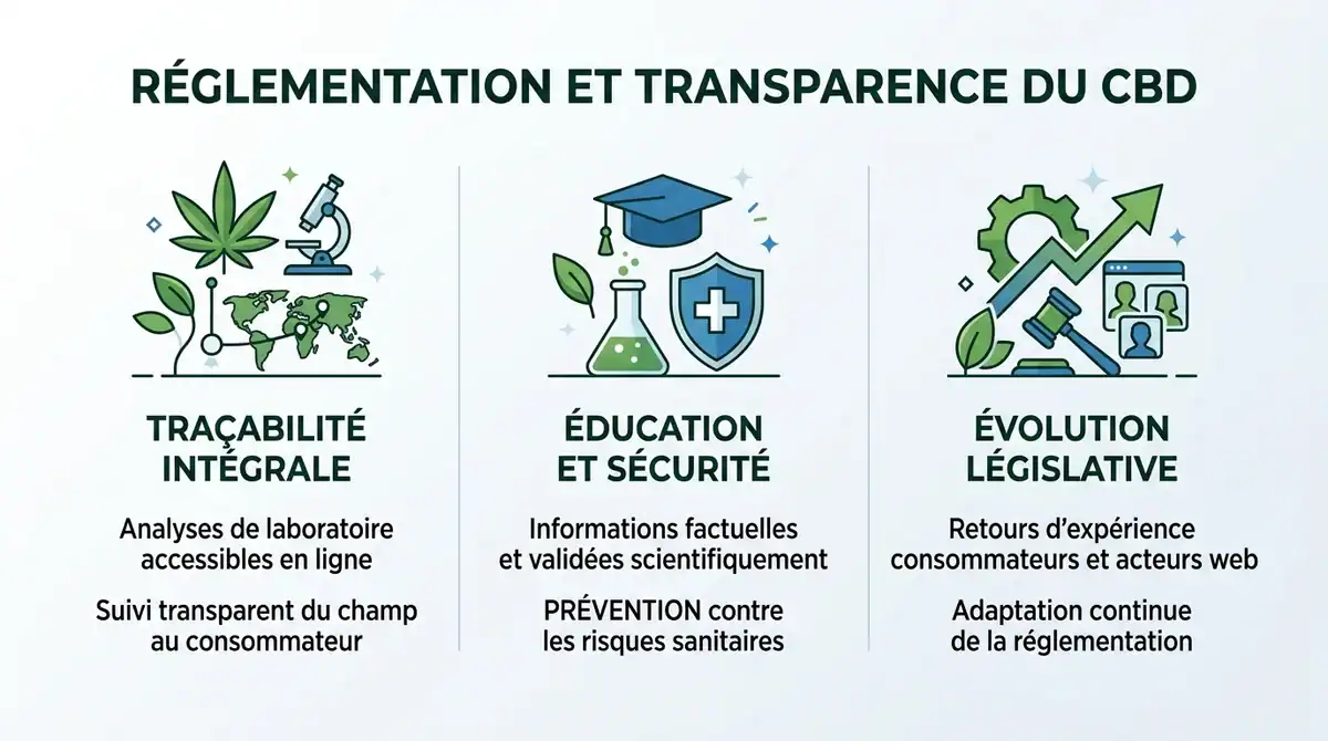Infographie sur la réglementation du CBD, la traçabilité en ligne et l'impact du numérique sur le marché français.