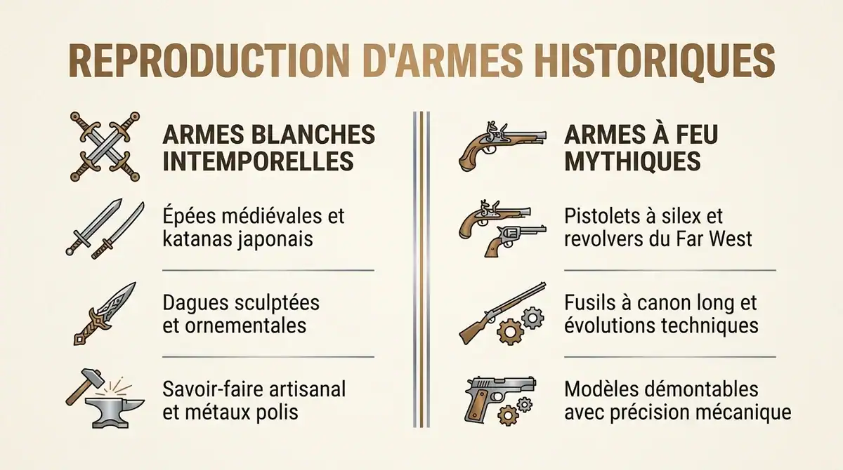 Infographie présentant les types de répliques d'armes historiques : armes blanches artisanales et armes a feu d'époque.