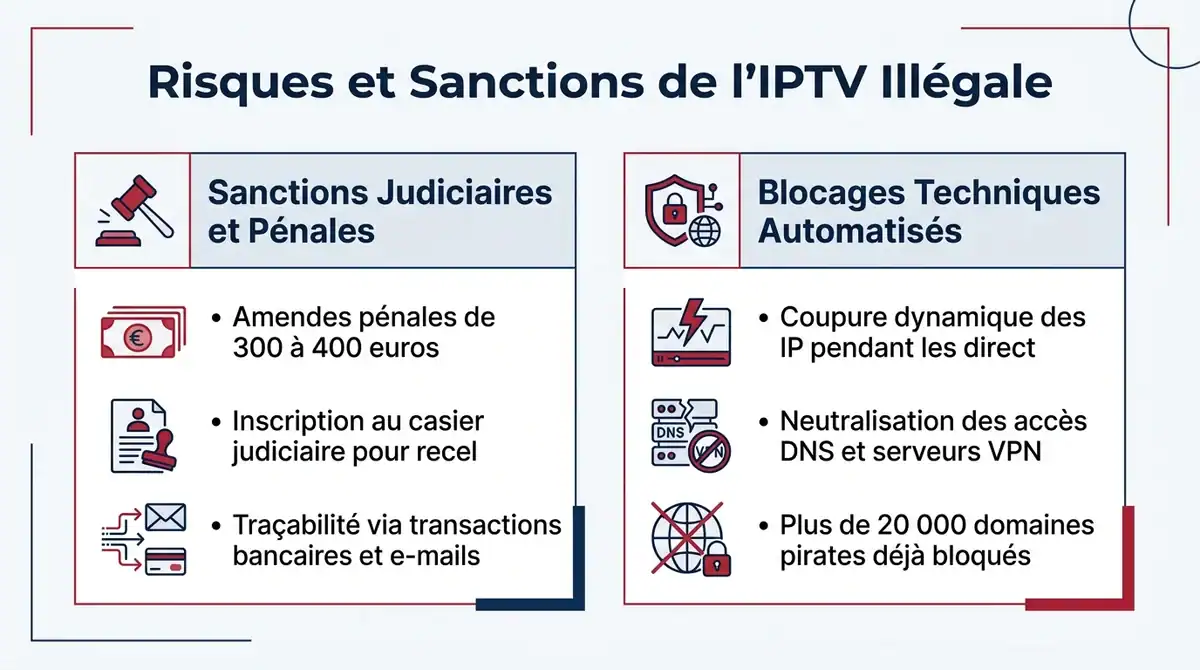Infographie expliquant les risques juridiques, amendes et blocages techniques de l IPTV illégale en France.