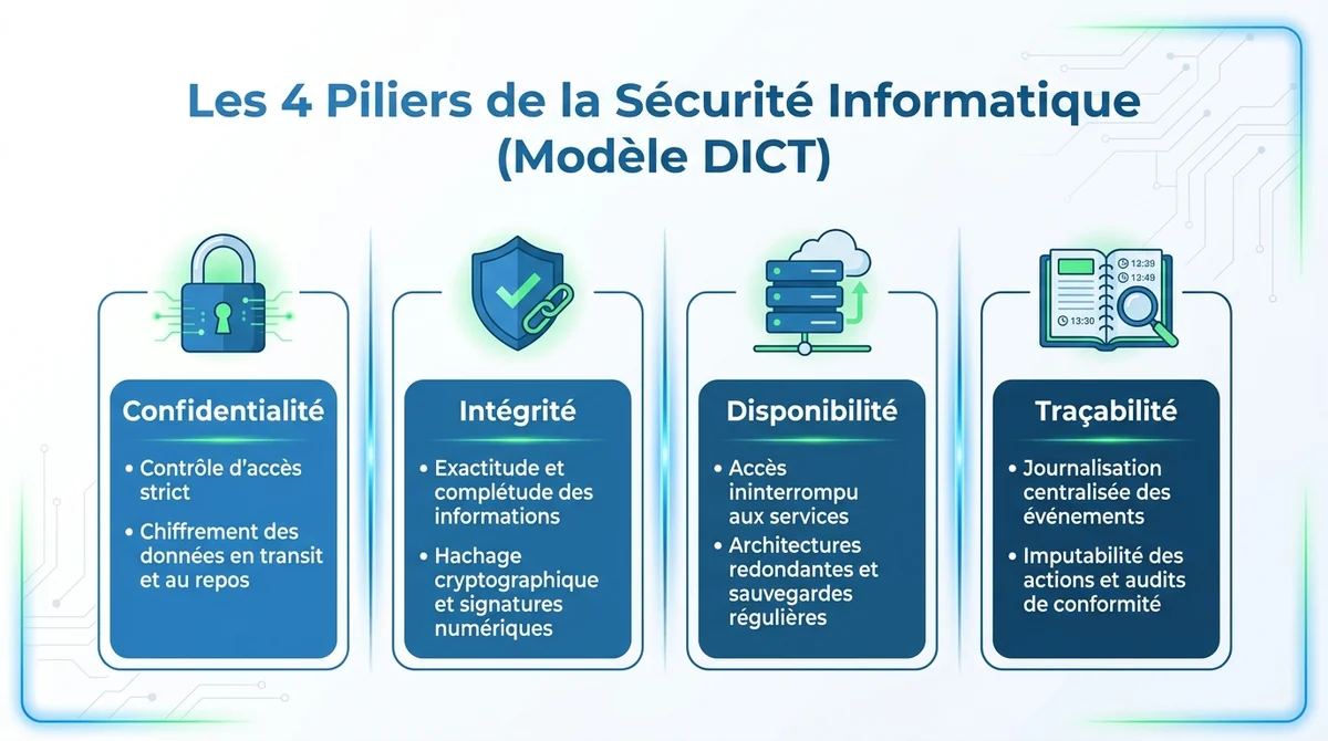 Infographie présentant les 4 piliers de la sécurité informatique : Confidentialité, Intégrité, Disponibilité et Traçabilité.