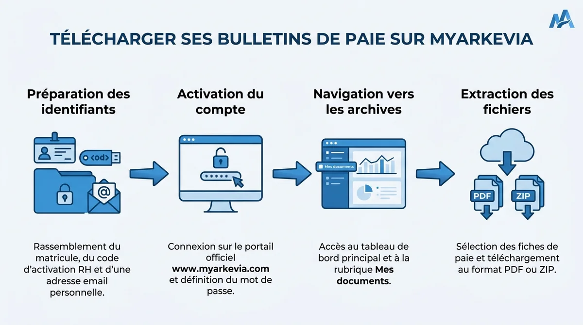 Infographie résumant les étapes pour activer son compte MyArkevia et télécharger ses fiches de paie en PDF.