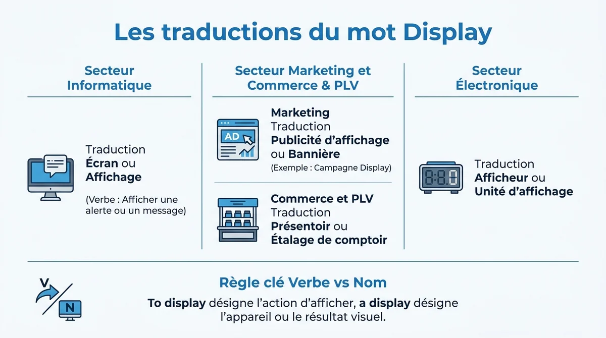 Infographie comparative expliquant les traductions du terme Display en informatique, marketing digital et commerce.