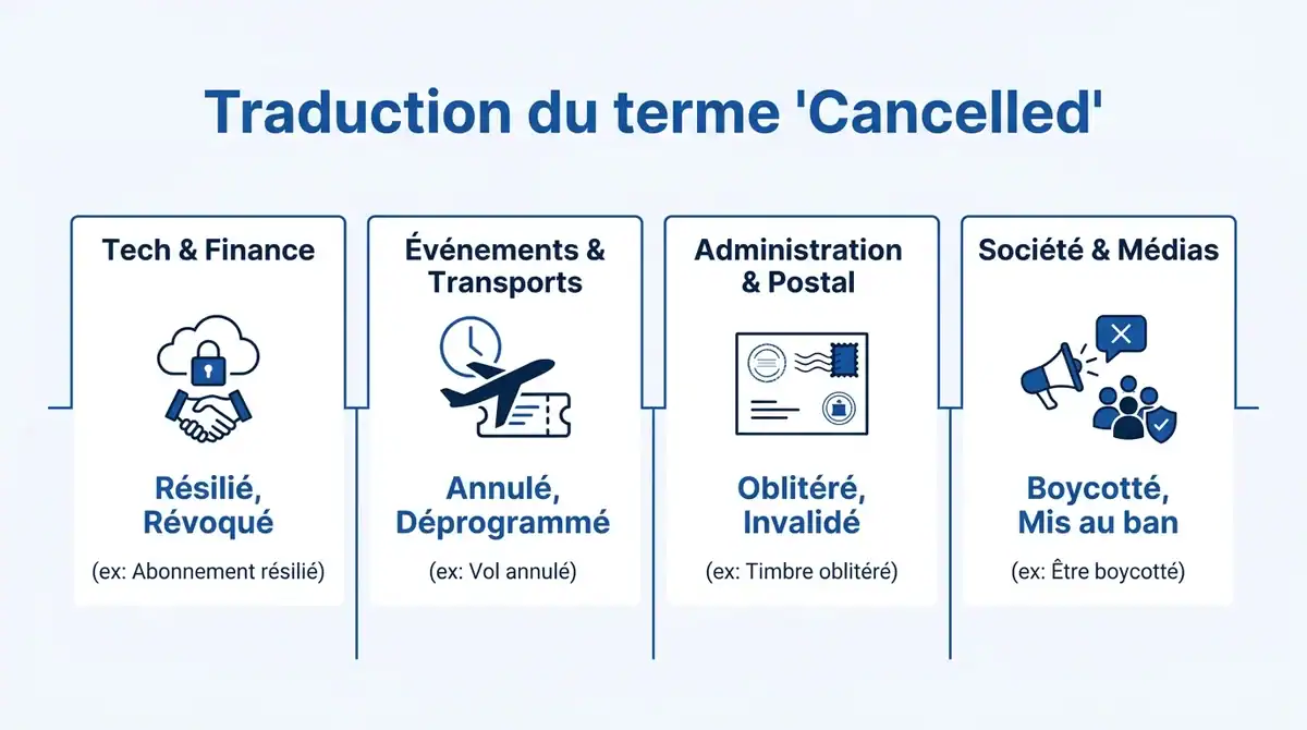 Infographie comparative pour traduire le terme anglais cancelled en francais selon le domaine.