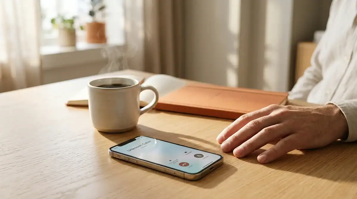 Smartphone et tasse de café sur une table en bois pour l'anti-spam Orange