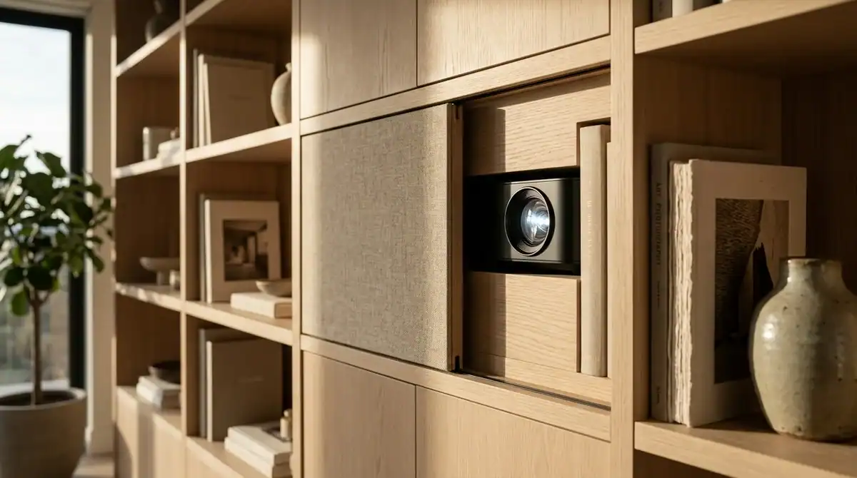 Meuble sur mesure en chêne clair intégrant un vidéoprojecteur dans un salon minimaliste et chaleureux