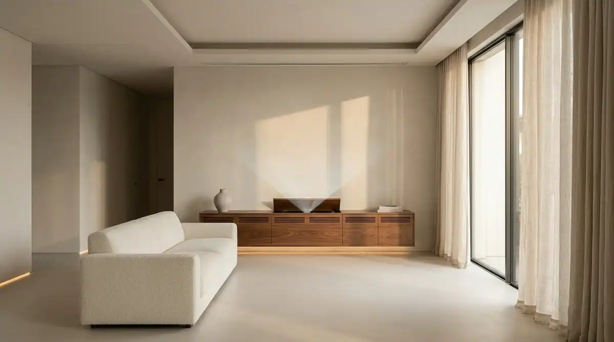 Salon minimaliste et luxueux avec un mur de projection discret et un canapé bouclé.