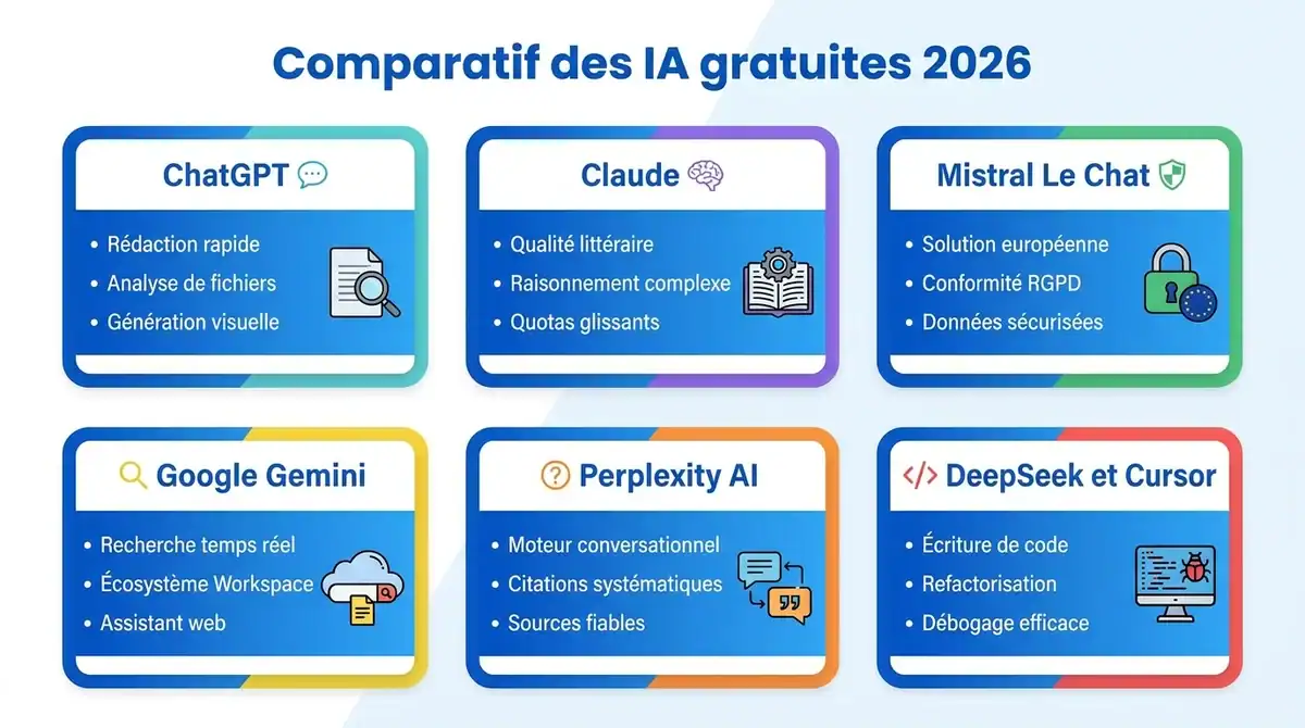 Infographie comparative des meilleures IA gratuites : ChatGPT, Claude, Mistral, Gemini, Perplexity et DeepSeek.