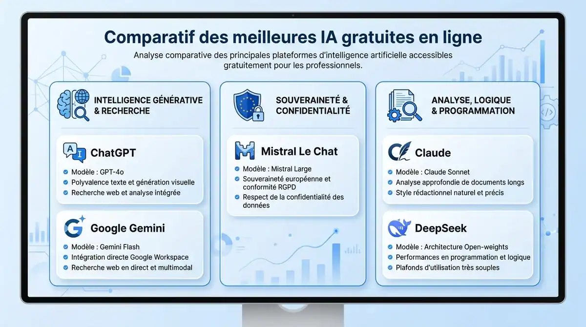 Infographie comparative des meilleures IA gratuites en ligne : ChatGPT, Mistral, Claude, DeepSeek et Gemini.