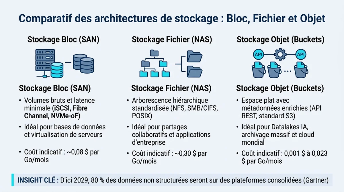 Tableau comparatif des types de stockage informatique : Bloc, Fichier et Objet, avec protocoles, usages et coûts.