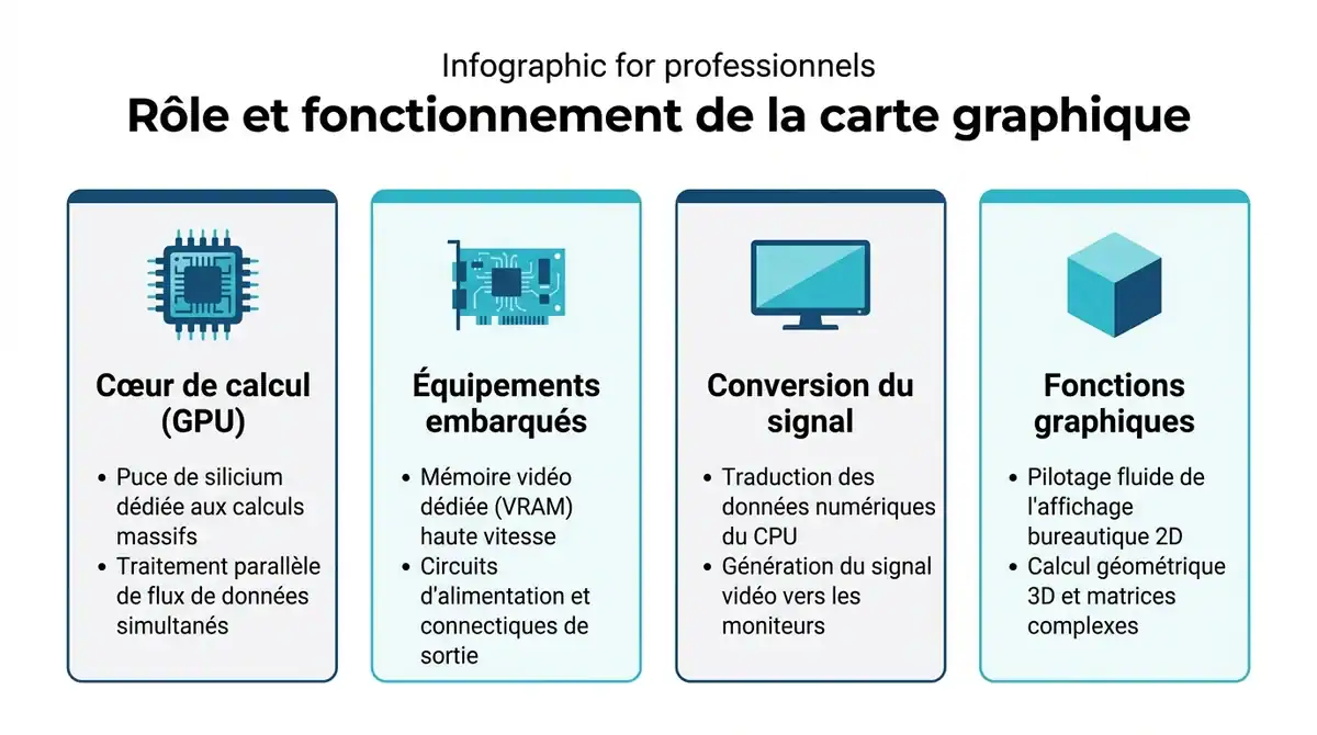 Infographie expliquant le rôle, les composants matériels et le fonctionnement technique d'une carte graphique.