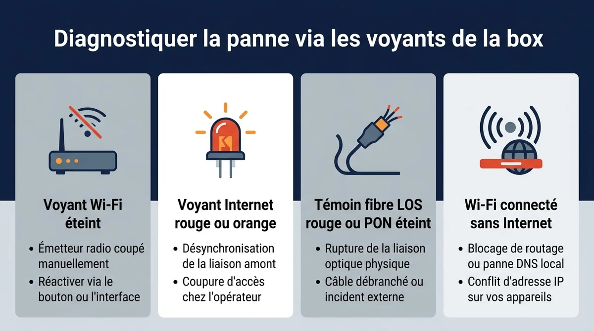 Infographie expliquant les voyants de la box internet pour identifier les pannes de connexion Wi-Fi et fibre.