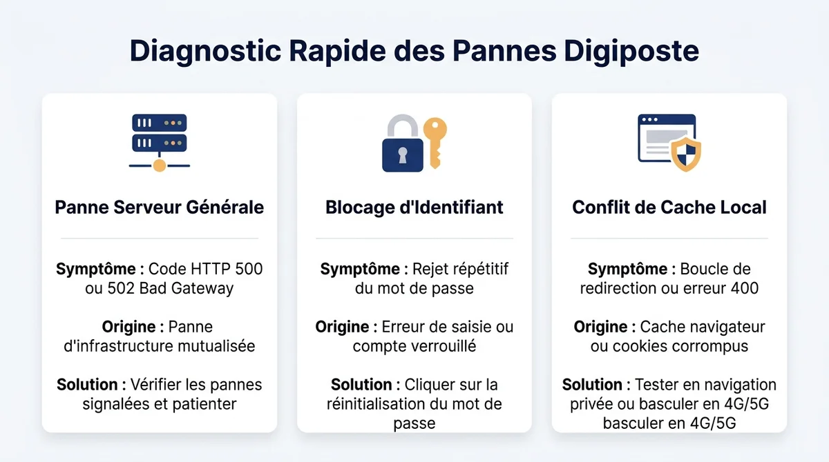 Tableau de diagnostic pour résoudre les pannes de serveur, blocages d'identifiants et erreurs de connexion sur Digiposte.
