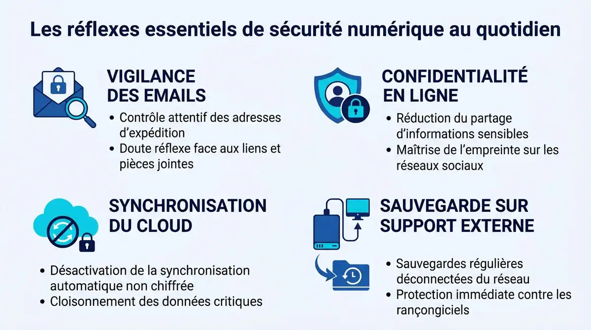 Infographie présentant les bonnes pratiques de sécurité numérique : vigilance email, cloud sécurisé et sauvegardes.