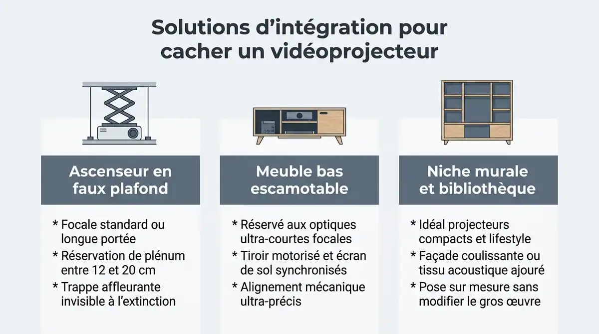 Infographie comparative des 3 méthodes pour cacher un vidéoprojecteur : faux plafond, meuble escamotable et niche murale.